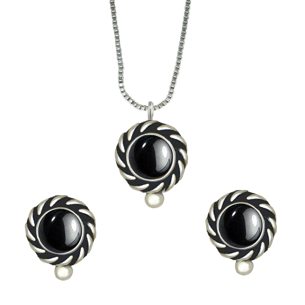 Sterling Silver Petite Necklace Earrings Set Hematite